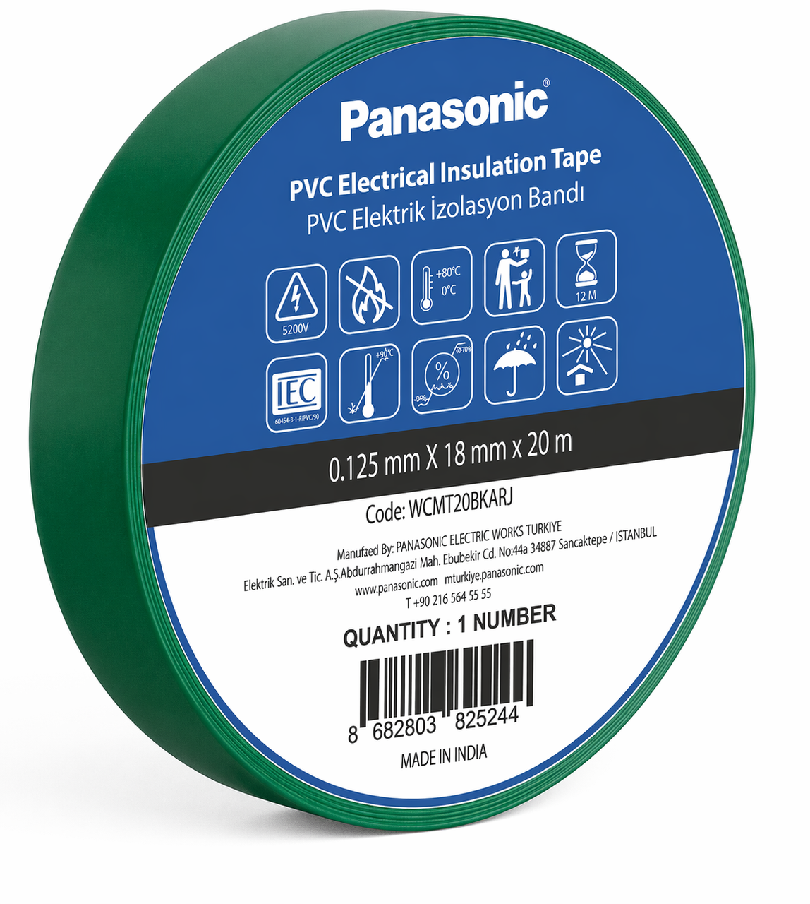 7285174515_izolyatsijna-strichka-pvh.png Ізоляційна стрічка ПВХ Panasonic 0.125х18мм 20м зелена - Зображення 1